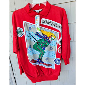 New A'MILANO 3/4 Sleeve Sequined Shirt Bling Gaudy 80's Downhill Skier Sz L Ugly
